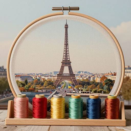 Photograph of colorful spools of thread in wooden box, framing a detailed view of the Eiffel Tower and Paris cityscape through a round embroidery