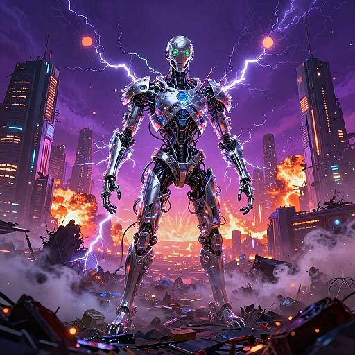 Digital art of a glowing, metallic robot standing amidst a ruined cityscape, surrounded by electric lightning, explosions, and a purple-orange sky.