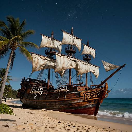Photograph of a vintage, dark wooden pirate ship with billowing white sails, anchored on a tropical beach with palm trees under a starry night sky