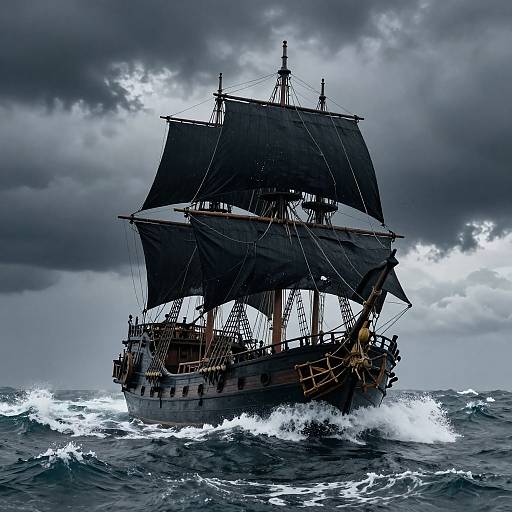 Photograph of a dark, stormy sea with a large, vintage wooden pirate ship with black sails cutting through turbulent waves.