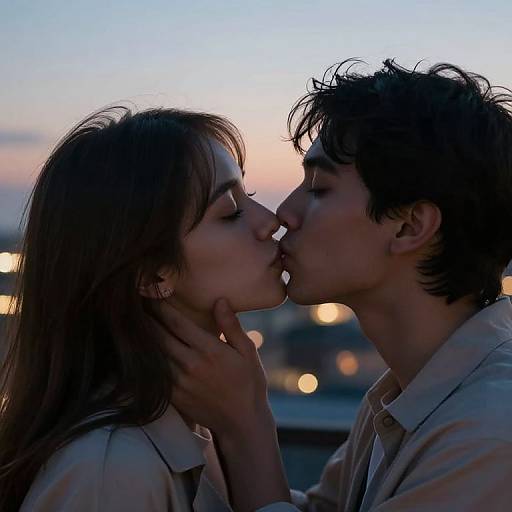 Photograph of a young couple kissing at sunset, silhouetted against a twilight sky, with blurred city lights in the background.