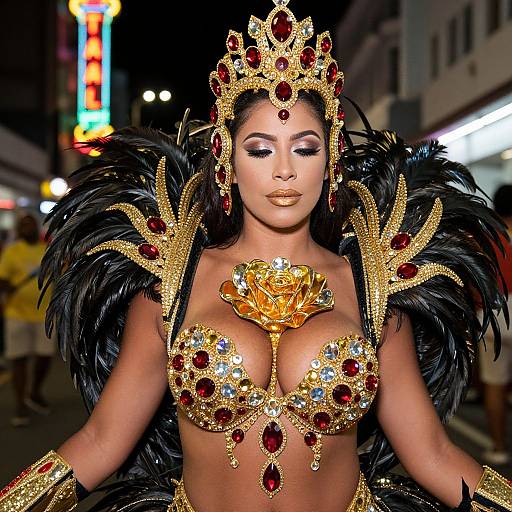 Photograph of a Latina woman in an elaborate, gold and red, feathered costume with ornate jewelry and a crown, walking a nighttime street parade