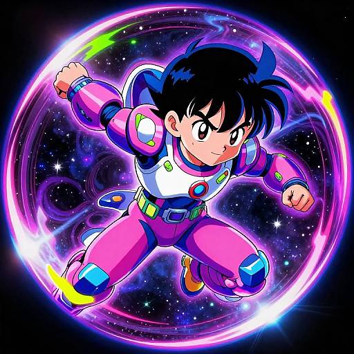 Anime-style drawing of a determined, black-haired boy in pink, futuristic armor, surrounded by a glowing, neon pink ring against a starry space background