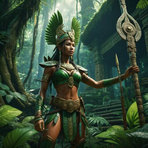 Female Mayan Warrior in Jungle Ruins