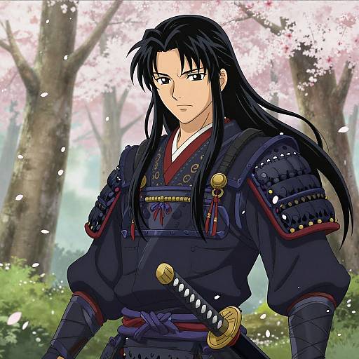 Anime-style digital drawing of a serious, long-haired samurai with black hair, wearing dark blue armor with red accents, standing in a cherry blossom forest