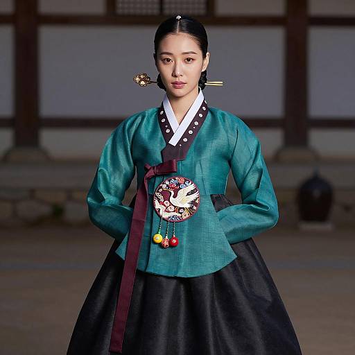 Korean Woman in Traditional Hanbok with Crane Embroidery