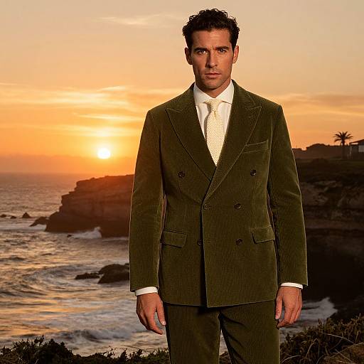 Photograph of a man in a dark green pinstripe suit, white shirt, and patterned tie, standing at sunset by a rocky coastal landscape