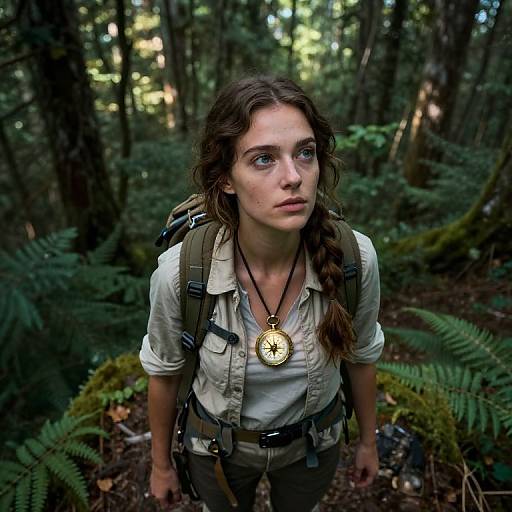 Photograph of a young woman with long brown hair in a braid, wearing a white shirt, green backpack, and compass necklace, standing in a