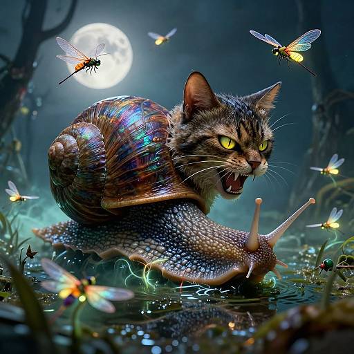 Digital artwork of a cat with a shimmering, iridescent shell crawling through a moonlit forest, surrounded by glowing fireflies.