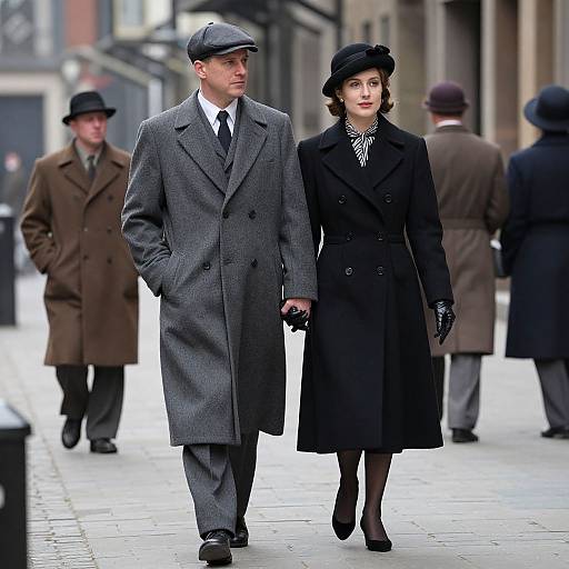 Photograph of a tall, handsome man in a gray overcoat and flat cap, holding the hand of a elegant woman in a black coat and hat