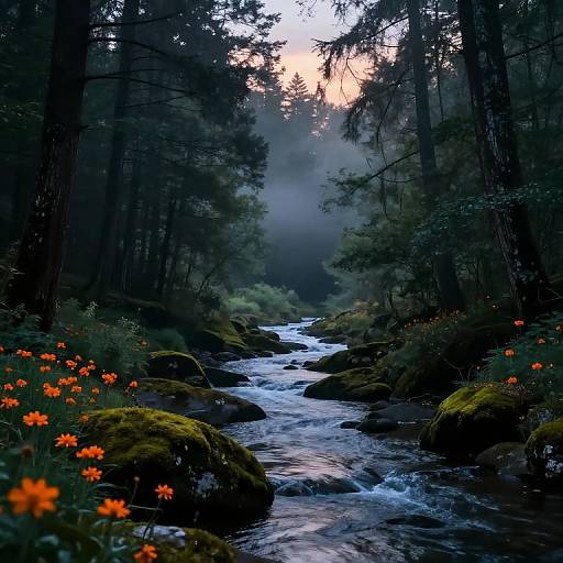 Photograph of a serene forest stream at dusk, with bright orange flowers, moss-covered rocks, and misty sunlight filtering through trees.