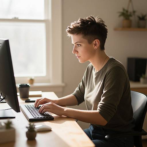 Photograph of a short-haired woman with light skin, wearing a gray sweater, typing on a computer in a sunlit office.