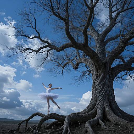 Photograph: A ballet dancer in a white tutu, mid-leap, against a large, leafless tree under a vivid blue sky with fluffy