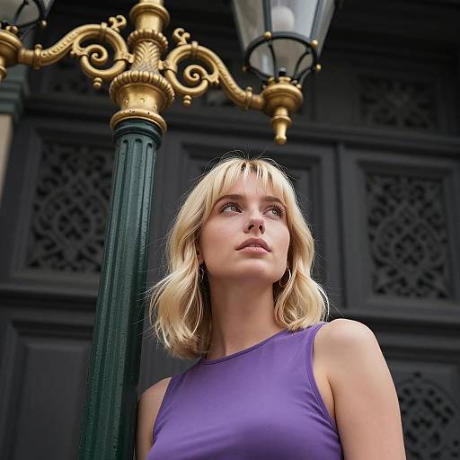 Elegant Blonde Woman Under Antique Street Lamp