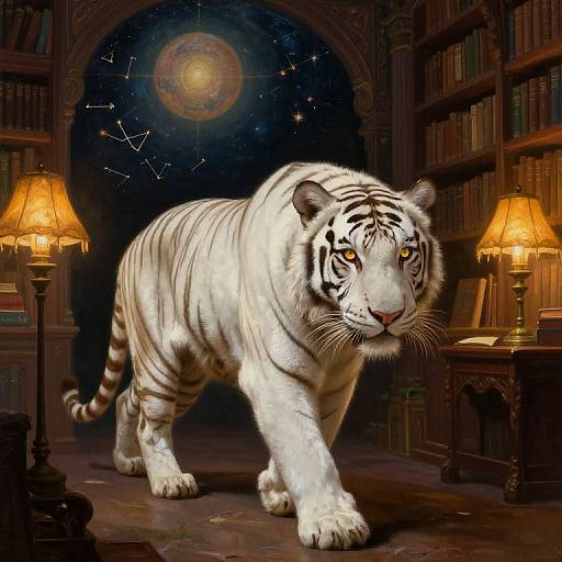 Digital artwork of a white tiger with piercing orange eyes, walking in a dimly lit, ornate library with two lit lamps and a starry night