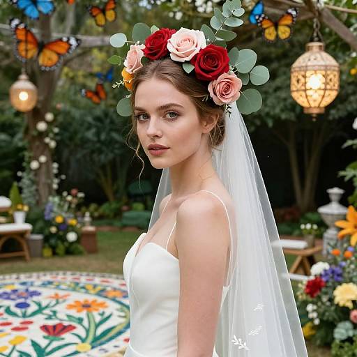 Photograph of a young Caucasian woman with fair skin, wearing a white wedding dress, red and pink flower crown, and veil, standing in a garden