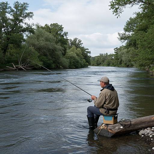 Photograph of a man in a beige jacket and cap, fishing on a calm river surrounded by dense green trees. He sits on a log, holding