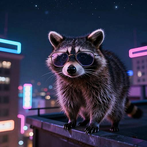 Digital artwork of a raccoon with round sunglasses, standing on a rooftop at night, surrounded by neon city lights.