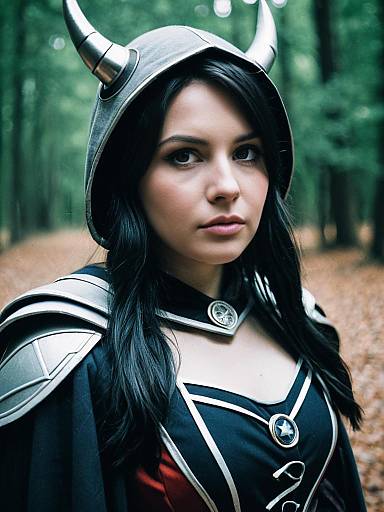 Photograph of a young woman with long black hair, wearing a silver horned helmet and black armor with white trim, standing in a forest with a
