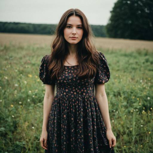 Woman in Dark Floral Dress in Countryside