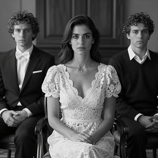 Black and White Portrait of Three People Seated