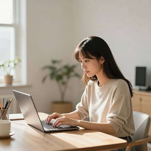 Photograph of an Asian woman with long black hair, wearing a beige sweater, typing on a laptop in a sunlit, minimalist room.