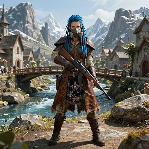 Digital artwork of a blue-haired, armored warrior with dreadlocks, gas mask, and rifle, standing in a snowy mountain village with wooden houses and a