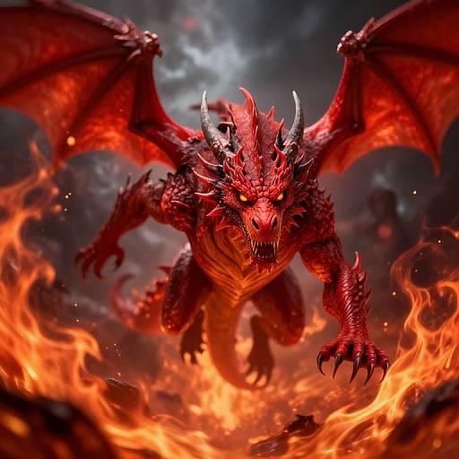 Digital art of a fierce, red-scaled dragon with glowing eyes, sharp claws, and large wings, emerging from fiery lava amidst a dark, cloudy