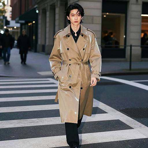 Photograph of a young woman with short black hair, wearing a shiny beige trench coat, black shirt, and black pants, walking across a city street