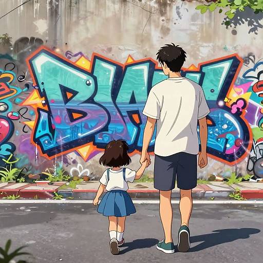 Anime-style drawing of a man and young girl holding hands, walking past colorful graffiti on a weathered concrete wall.