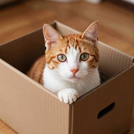 Photograph of a curious, orange-and-white tabby cat with green eyes, sitting in a brown cardboard box on a wooden floor.