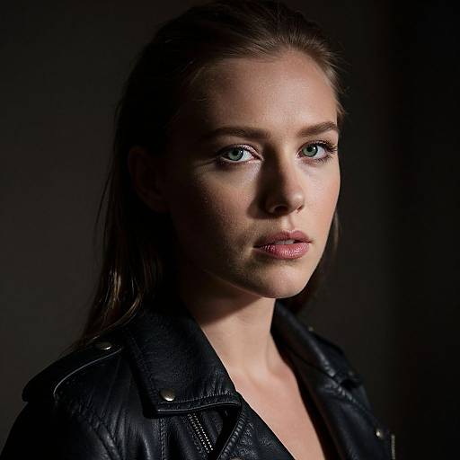 Photograph of a serious, blue-eyed woman with fair skin, long brown hair, and wearing a black leather jacket, lit against a dark background.