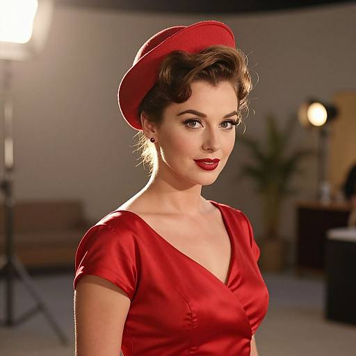 Photograph of a fair-skinned woman with vintage brown hair, red hat, and matching red dress, smiling softly under studio lights.