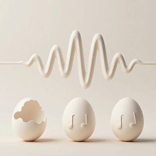 Photograph of three white, cracked eggs on a white surface, with a white, wavy electrical signal curve above them.