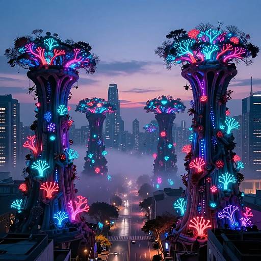 Photograph of futuristic cityscape at dusk, featuring towering, bioluminescent trees with vibrant neon blue, pink, and purple foliage, set against