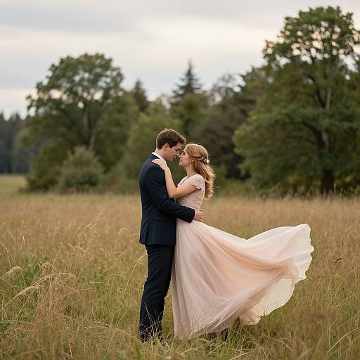 Photograph of a couple in a grassy field, the bride in a flowing white dress, the groom in a dark suit, leaning in for a