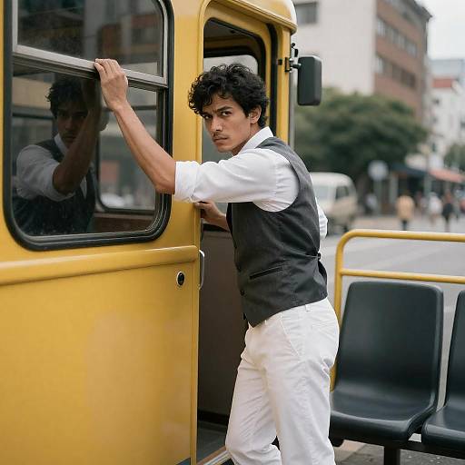 Urban Man in Tram with Intense Expression