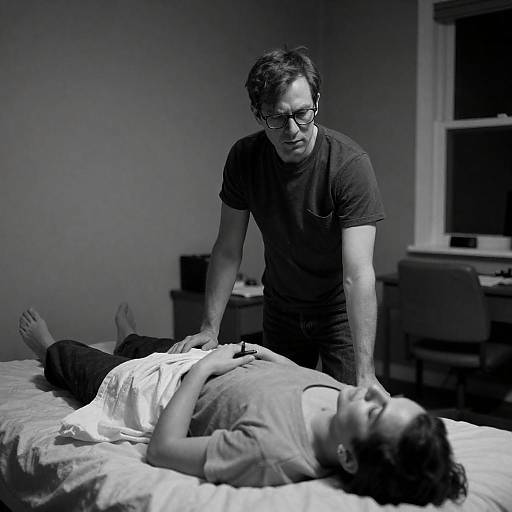 Man Standing Over Person Lying on Bed in Dimly Lit Room
