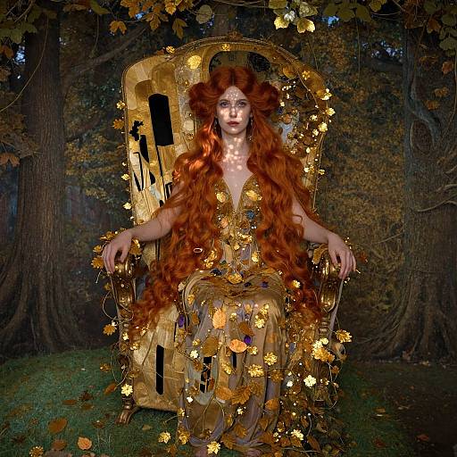 Photograph of a fair-skinned woman with long, curly red hair, wearing a golden leaf-adorned dress and throne, set in a dark