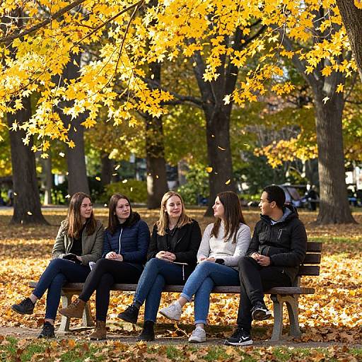 Photograph of five young women, four with straight hair, one with a ponytail, sitting on a wooden bench in a park with autumn leaves,