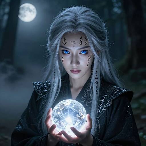 Digital art of a pale, blue-eyed woman with long silver hair, holding a glowing, translucent moon in a dark forest. She has mystical symbols on