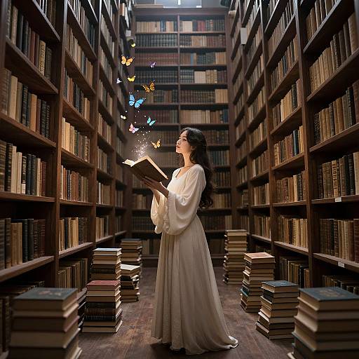 Photograph of a fair-skinned woman in a white, flowing dress, surrounded by tall bookshelves, reading a book with glowing butterflies floating above