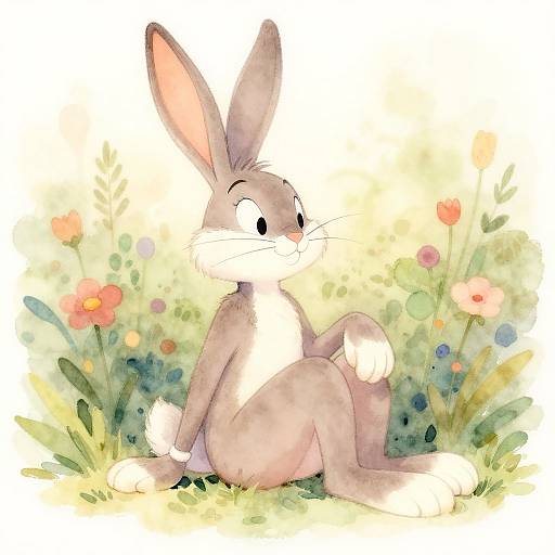 Watercolor illustration of a relaxed, gray and white cartoon bunny with large ears, sitting in a colorful, blooming meadow.