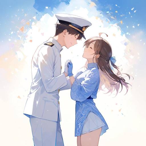 Romantic Couple in Navy Uniform and Blue Dress