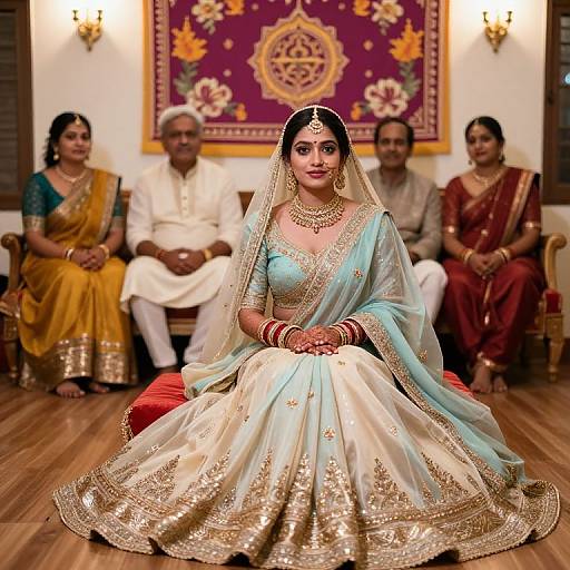 Photograph of a South Asian bride in a turquoise and gold embroidered lehenga, seated in a traditional Indian setting with family members in colorful attire, adorned