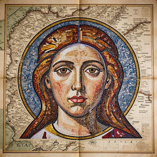 Mosaic-style painting of a solemn-faced woman with brown hair, blue halo, and red lips, centered on an old, detailed world map.