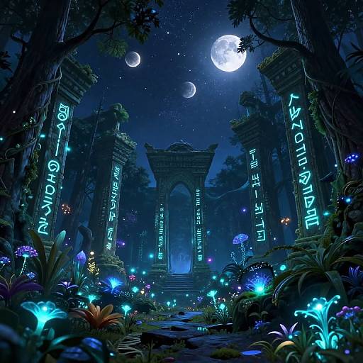 Digital fantasy artwork of a glowing, moonlit forest ruin with luminescent blue runes on pillars, bioluminescent flowers, and a full moon