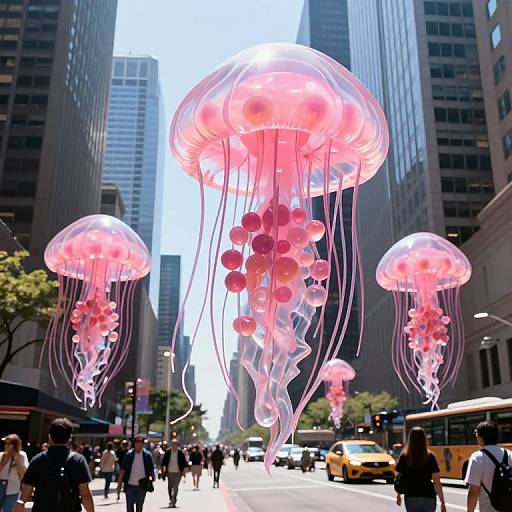 Giant Pink Jellyfish Over City