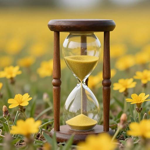 Photograph of a wooden hourglass with yellow sand, set in a vibrant field of yellow dandelions on green grass.