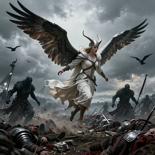 Digital fantasy artwork: Angelic woman with large black wings, white gown, and horns leaps over a battlefield filled with fallen warriors and scattered armor under a